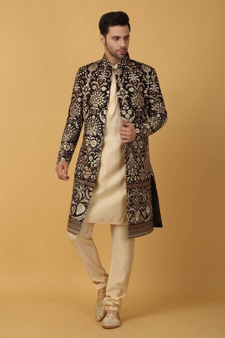 Shop_Aham-Vayam_Cream Cotton, Silk Zari Black Floral Embroidered Sherwani Set _Online_at_Aza_Fashions