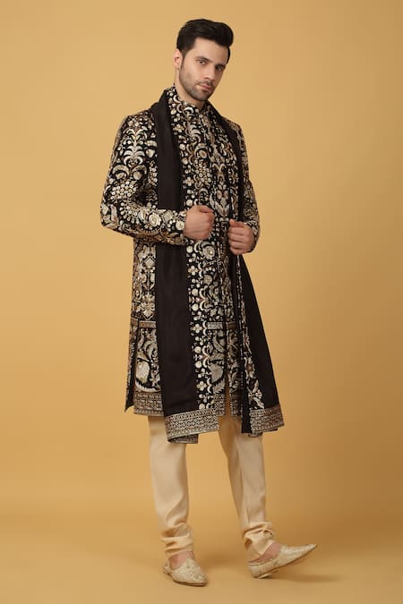 Aham-Vayam_Cream Cotton, Silk Zari Black Floral Embroidered Sherwani Set _at_Aza_Fashions