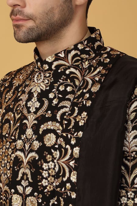 Buy_Aham-Vayam_Cream Cotton, Silk Zari Black Floral Embroidered Sherwani Set 
