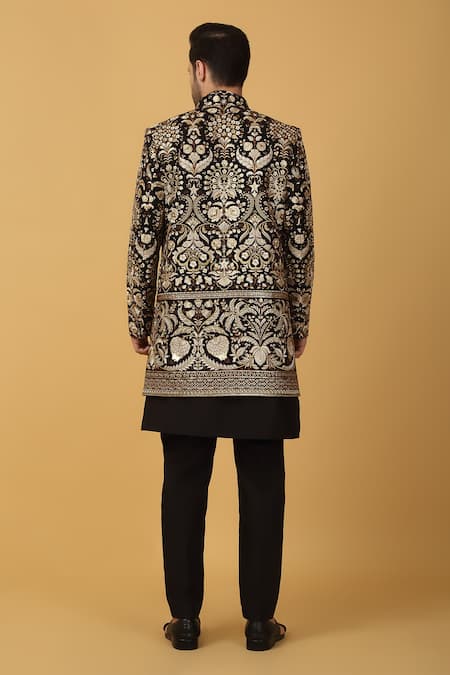 Aham-Vayam Black Zari Embroidered Sherwani Set 