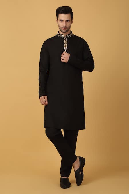 Buy_Aham-Vayam_Black Cotton, Silk Zari, Embroidery Sherwani Set _Online_at_Aza_Fashions