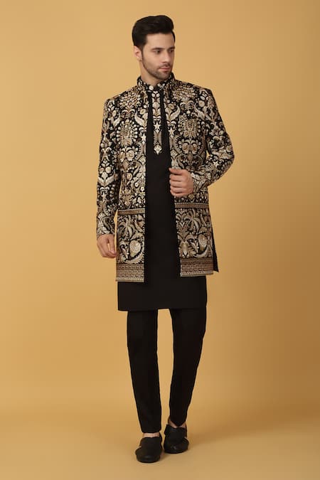 Shop_Aham-Vayam_Black Cotton, Silk Zari, Embroidery Sherwani Set _Online_at_Aza_Fashions