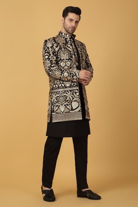 Aham-Vayam_Black Cotton, Silk Zari, Embroidery Sherwani Set _at_Aza_Fashions