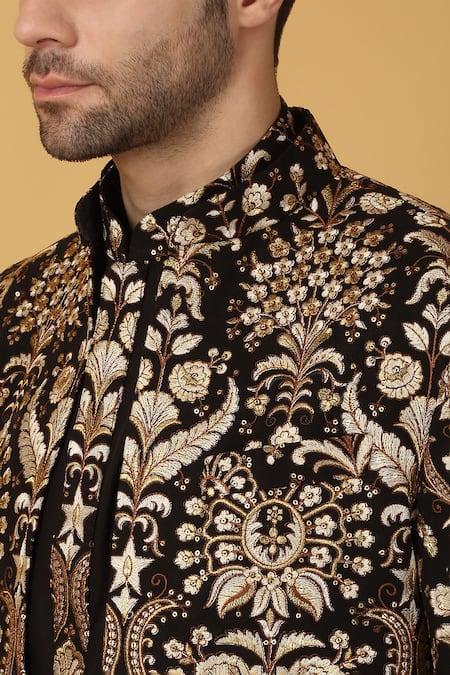 Buy_Aham-Vayam_Black Cotton, Silk Zari, Embroidery Sherwani Set 
