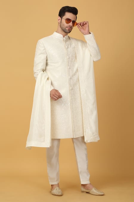 Aham-Vayam Ivory Thread Woven Sherwani Set 