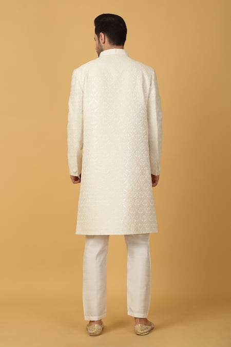 Shop_Aham-Vayam_Ivory Cotton, Silk Embroidery Thread Woven Sherwani Set _at_Aza_Fashions