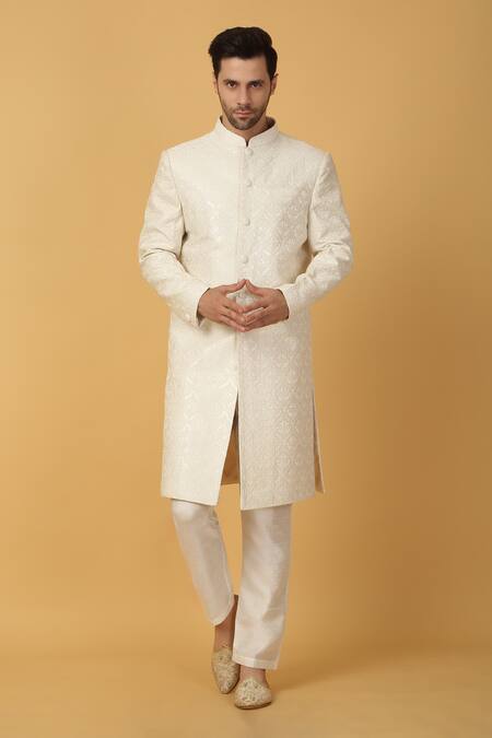 Buy_Aham-Vayam_Ivory Cotton, Silk Embroidery Thread Woven Sherwani Set _Online_at_Aza_Fashions