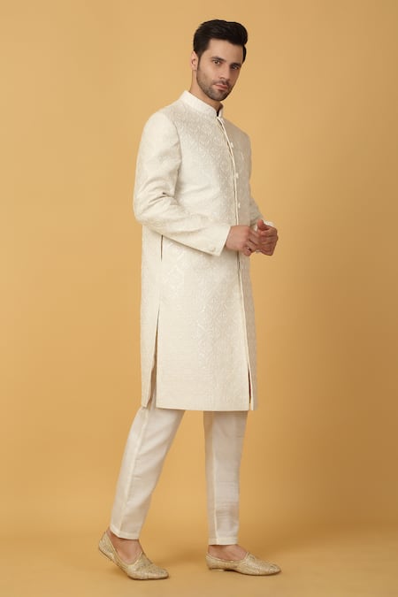 Shop_Aham-Vayam_Ivory Cotton, Silk Embroidery Thread Woven Sherwani Set _Online_at_Aza_Fashions