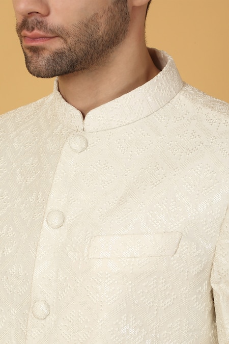 Aham-Vayam_Ivory Cotton, Silk Embroidery Thread Woven Sherwani Set _at_Aza_Fashions