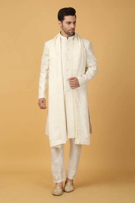 Buy_Aham-Vayam_Ivory Cotton, Silk Embroidery Thread Woven Sherwani Set 