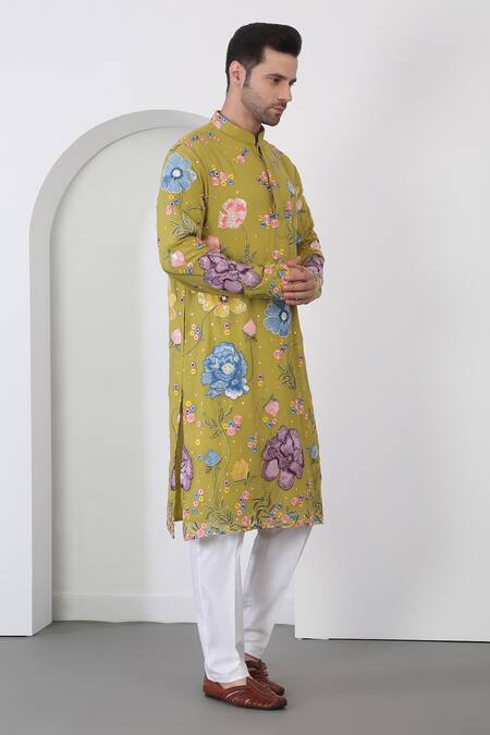 Buy_Aham-Vayam_Green Cotton Sequins Floral Applique Embroidered Kurta And Pant Set_Online_at_Aza_Fashions