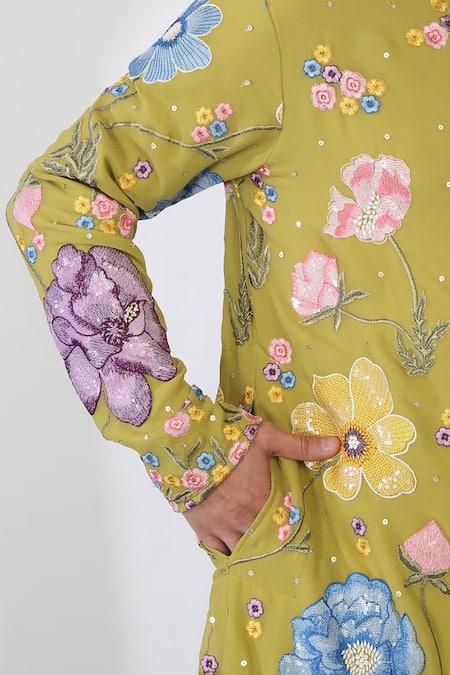 Shop_Aham-Vayam_Green Cotton Sequins Floral Applique Embroidered Kurta And Pant Set_Online_at_Aza_Fashions