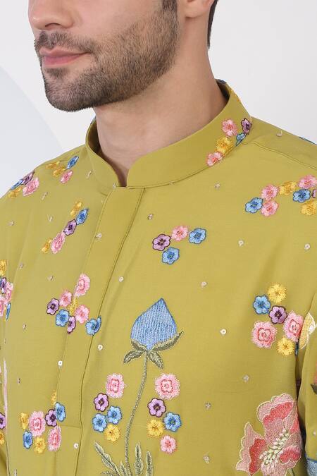 Aham-Vayam_Green Cotton Sequins Floral Applique Embroidered Kurta And Pant Set_at_Aza_Fashions