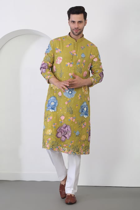 Buy_Aham-Vayam_Green Cotton Sequins Floral Applique Embroidered Kurta And Pant Set