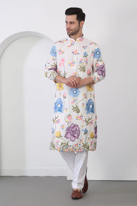 Buy Aham-Vayam White Cotton Embroidery, Sequins Floral Applique Kurta Set Buy_Aham-Vayam_White Cotton Embroidery, Sequins Floral Applique Kurta Set