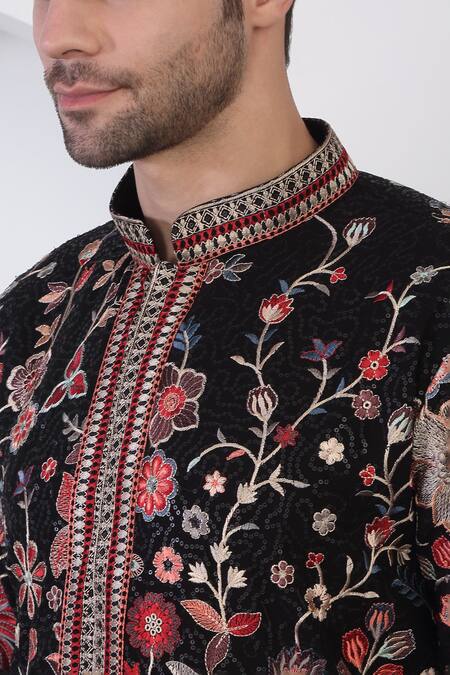 Buy_Aham-Vayam_Black Cotton Sequins, Zari Floral Bloom Embroidered Kurta Set_Online_at_Aza_Fashions