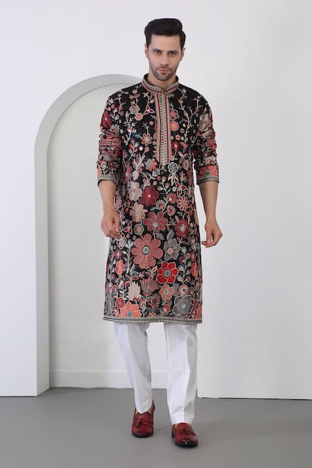 Aham-Vayam_Black Cotton Sequins, Zari Floral Bloom Embroidered Kurta Set_at_Aza_Fashions