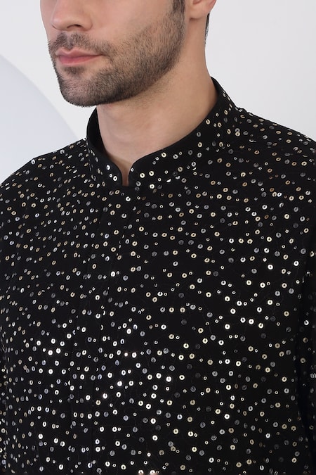 Buy_Aham-Vayam_Black Cotton Sequins, Applique Floral Night Kurta Set _Online_at_Aza_Fashions