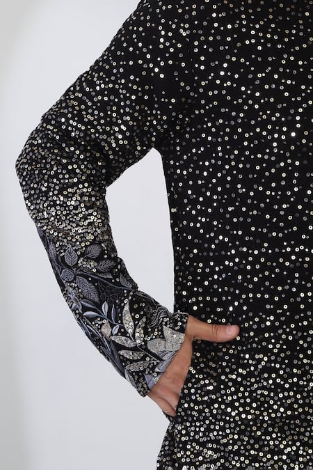 Shop_Aham-Vayam_Black Cotton Sequins, Applique Floral Night Kurta Set _Online_at_Aza_Fashions