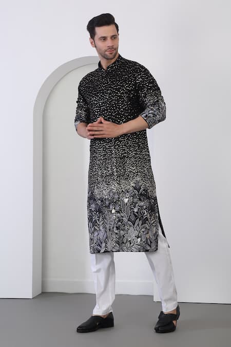 Buy_Aham-Vayam_Black Cotton Sequins, Applique Floral Night Kurta Set 