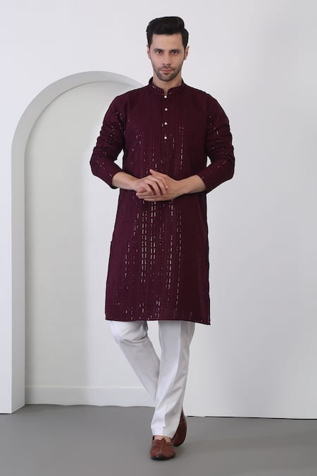 Aham-Vayam Maroon Cotton Embroidery Sequin Kurta And Pant Set 