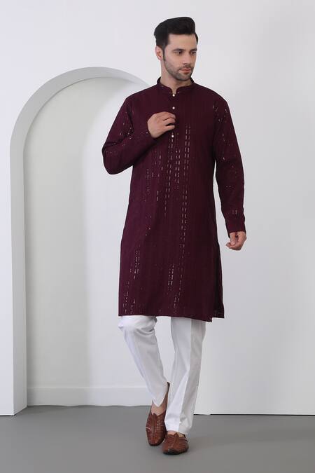 Shop_Aham-Vayam_Maroon Cotton Sequins, Embroidery Kurta And Pant Set _Online_at_Aza_Fashions
