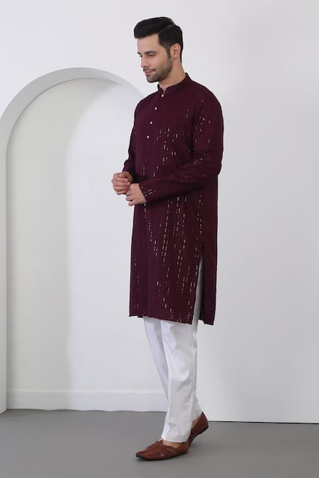 Aham-Vayam_Maroon Cotton Sequins, Embroidery Kurta And Pant Set _at_Aza_Fashions
