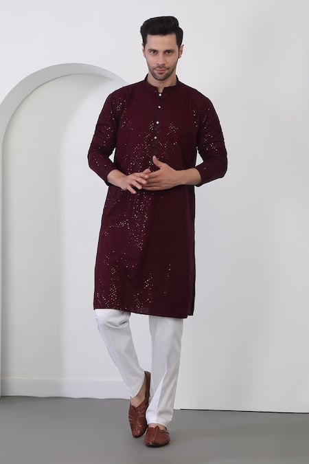 Aham-Vayam Wine Cotton Embroidery Sequin Kurta Set 