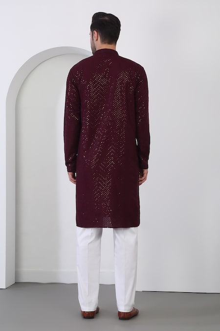 Aham-Vayam Wine Sequin Embroidered Kurta Set 