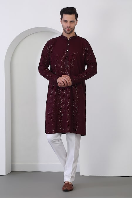 Buy_Aham-Vayam_Wine Cotton Sequins, Embroidery Kurta Set _Online_at_Aza_Fashions