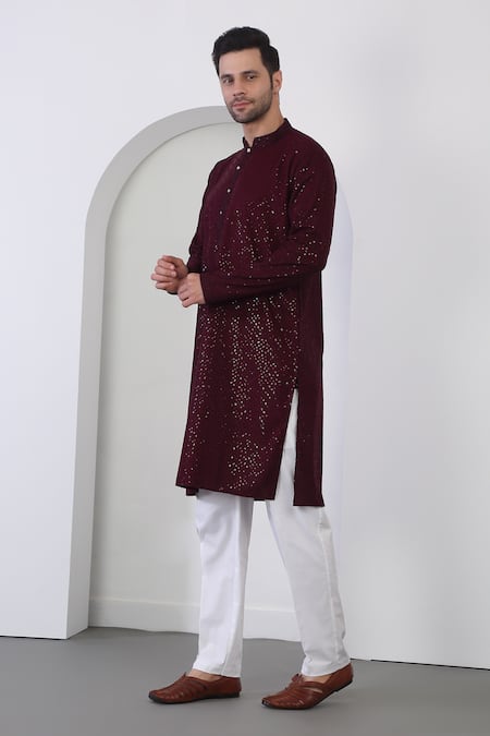 Shop_Aham-Vayam_Wine Cotton Sequins, Embroidery Kurta Set _Online_at_Aza_Fashions