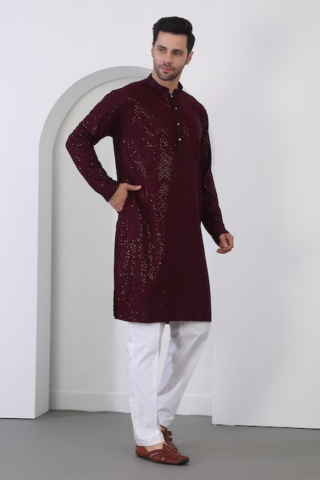 Aham-Vayam_Wine Cotton Sequins, Embroidery Kurta Set _at_Aza_Fashions