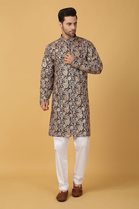 Aham-Vayam_Purple Cotton Embroidery Blossom Kurta Set_Online_at_Aza_Fashions