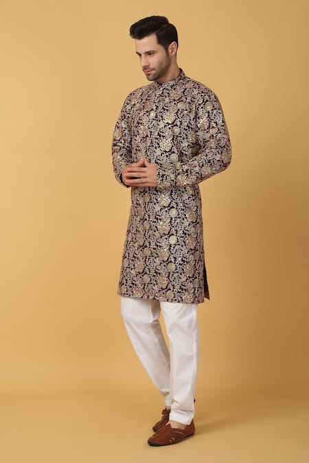 Buy_Aham-Vayam_Purple Cotton Embroidery Blossom Kurta Set_Online_at_Aza_Fashions