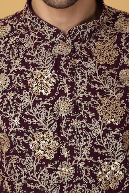 Shop_Aham-Vayam_Purple Cotton Embroidery Blossom Kurta Set_Online_at_Aza_Fashions