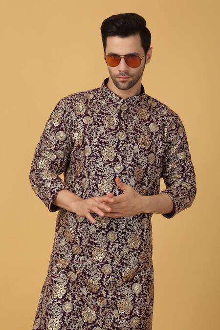 Aham-Vayam_Purple Cotton Embroidery Blossom Kurta Set_at_Aza_Fashions