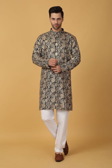 Aham-Vayam Black Cotton Embroidery Floral Kurta Set Online at Aza Fashions Aham-Vayam_Black Cotton Embroidery Floral Kurta Set_Online_at_Aza_Fashions