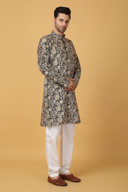 Shop Aham-Vayam Black Cotton Embroidery Floral Kurta Set Online at Aza Fashions Shop_Aham-Vayam_Black Cotton Embroidery Floral Kurta Set_Online_at_Aza_Fashions