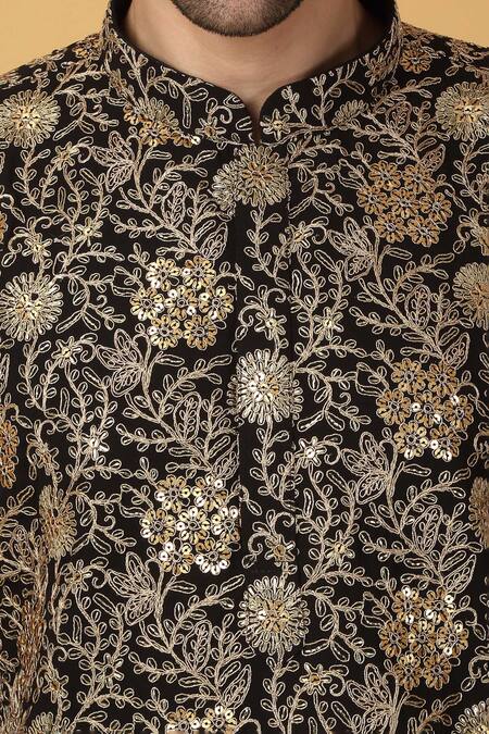 Aham-Vayam Black Cotton Embroidery Floral Kurta Set at Aza Fashions Aham-Vayam_Black Cotton Embroidery Floral Kurta Set_at_Aza_Fashions