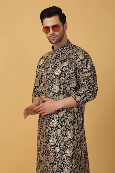 Buy Aham-Vayam Black Cotton Embroidery Floral Kurta Set Buy_Aham-Vayam_Black Cotton Embroidery Floral Kurta Set