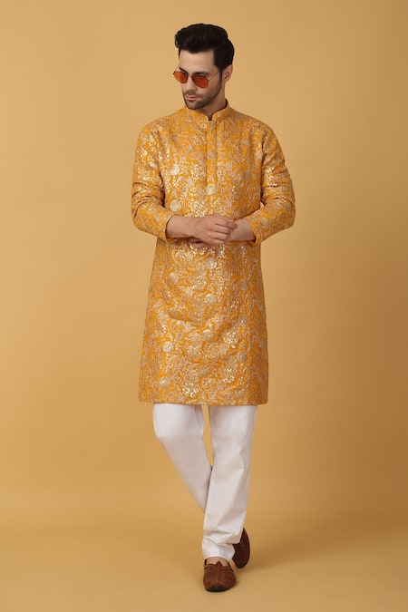 Aham-Vayam Yellow Cotton Embroidery Bloom Floral Kurta Set 