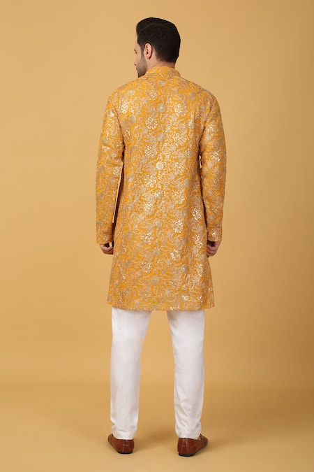 Aham-Vayam Yellow Cotton Sequins Floral Embroidered Kurta Set Online at Aza Fashions Aham-Vayam_Yellow Cotton Sequins Floral Embroidered Kurta Set _Online_at_Aza_Fashions