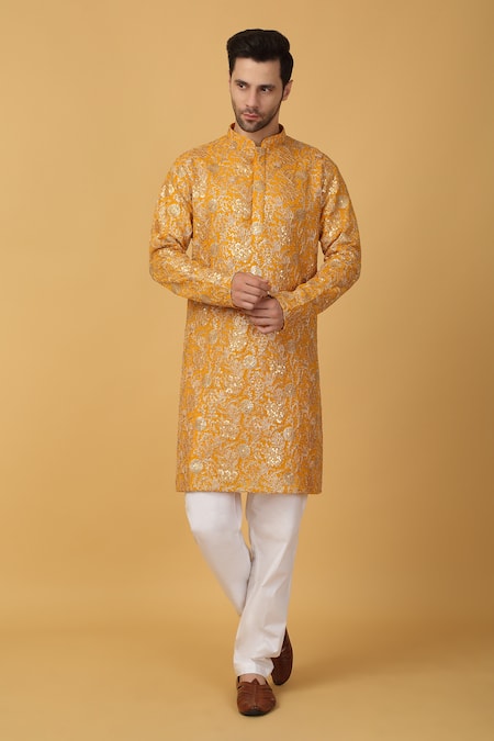 Buy Aham-Vayam Yellow Cotton Sequins Floral Embroidered Kurta Set Online at Aza Fashions Buy_Aham-Vayam_Yellow Cotton Sequins Floral Embroidered Kurta Set _Online_at_Aza_Fashions