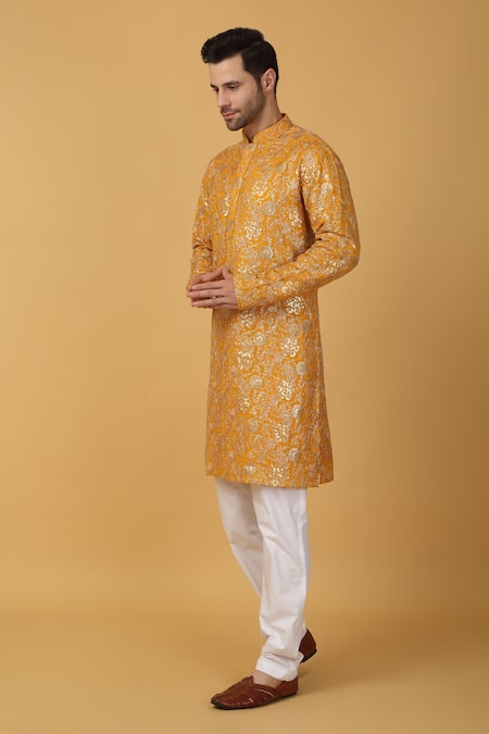 Shop Aham-Vayam Yellow Cotton Sequins Floral Embroidered Kurta Set Online at Aza Fashions Shop_Aham-Vayam_Yellow Cotton Sequins Floral Embroidered Kurta Set _Online_at_Aza_Fashions