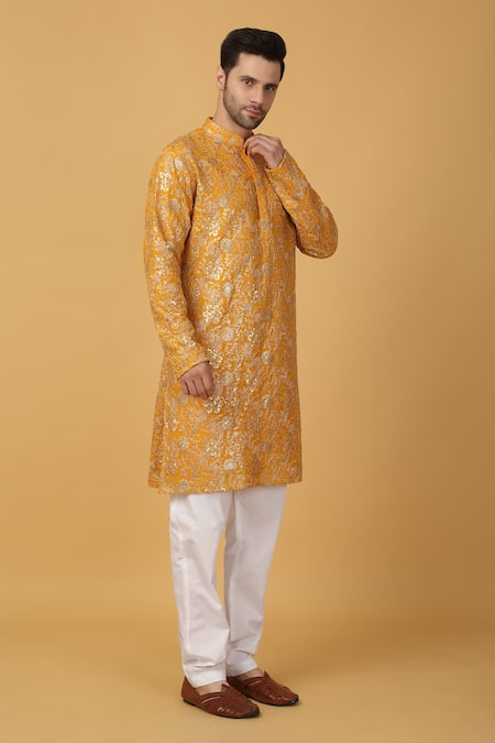 Aham-Vayam Yellow Cotton Sequins Floral Embroidered Kurta Set at Aza Fashions Aham-Vayam_Yellow Cotton Sequins Floral Embroidered Kurta Set _at_Aza_Fashions