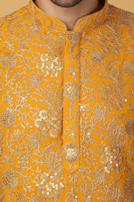 Buy Aham-Vayam Yellow Cotton Sequins Floral Embroidered Kurta Set Buy_Aham-Vayam_Yellow Cotton Sequins Floral Embroidered Kurta Set