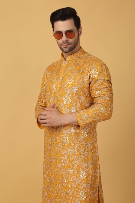 Shop Aham-Vayam Yellow Cotton Sequins Floral Embroidered Kurta Set Shop_Aham-Vayam_Yellow Cotton Sequins Floral Embroidered Kurta Set