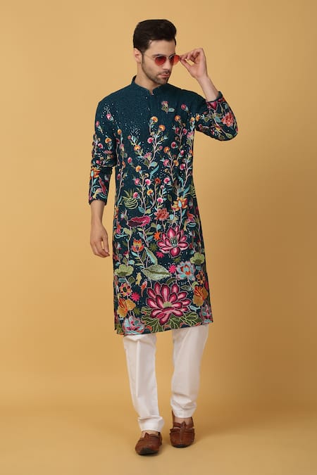 Buy_Aham-Vayam_Blue Cotton Embroidery Pushp Bahaar Kurta Set _Online_at_Aza_Fashions