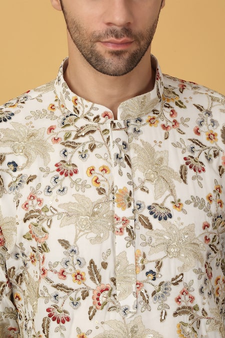 Shop Aham-Vayam Ivory Cotton Embroidery Aham Pushp Thread Kurta Set Online at Aza Fashions Shop_Aham-Vayam_Ivory Cotton Embroidery Aham Pushp Thread Kurta Set _Online_at_Aza_Fashions