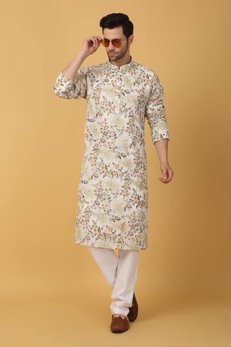 Buy Aham-Vayam Ivory Cotton Embroidery Aham Pushp Thread Kurta Set Buy_Aham-Vayam_Ivory Cotton Embroidery Aham Pushp Thread Kurta Set